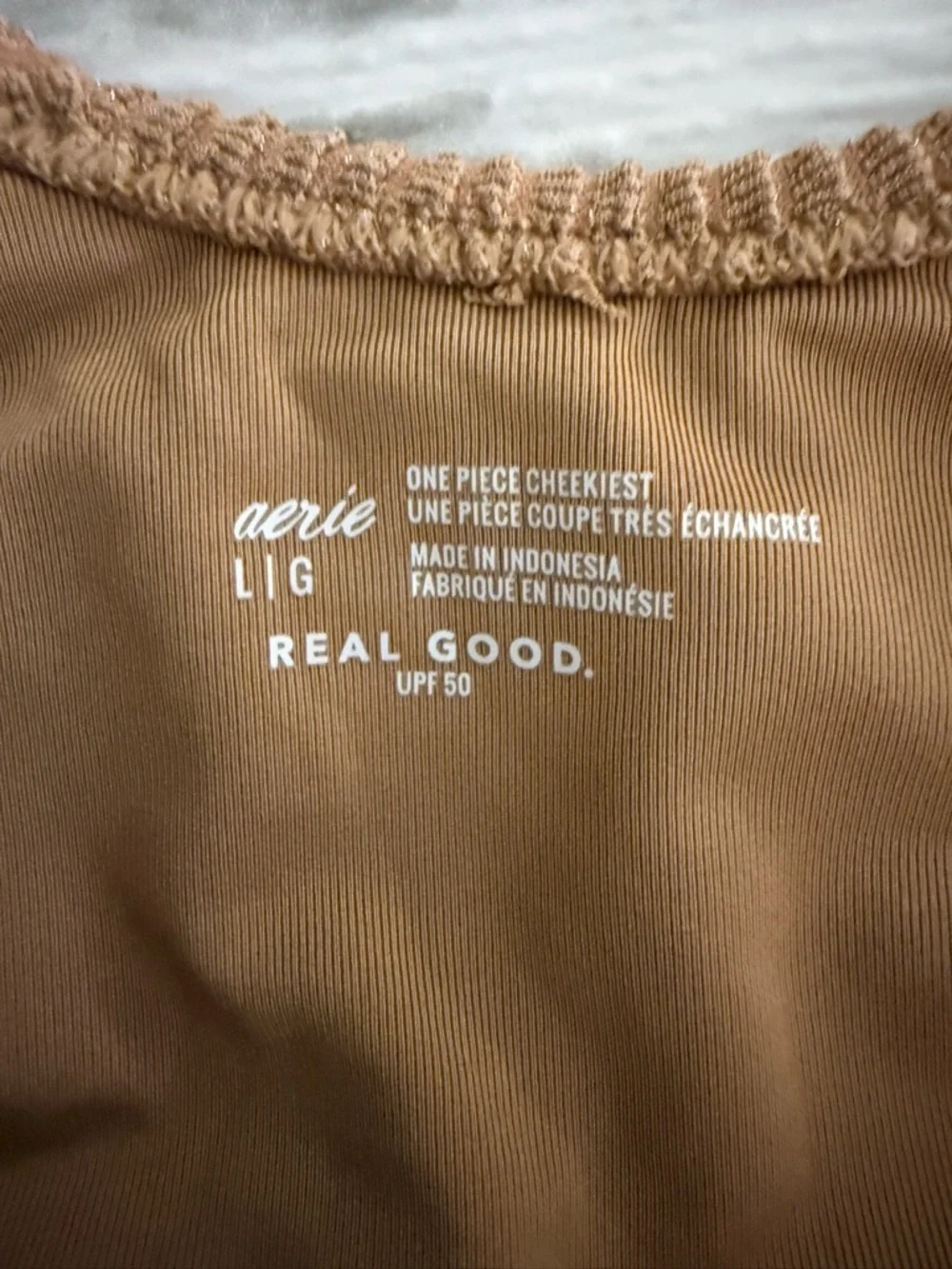 NWT Aerie Shimmery Crinkle Birthday Scoop Cheekiest One Piece w Buckle Tan large - Picture 6 of 6